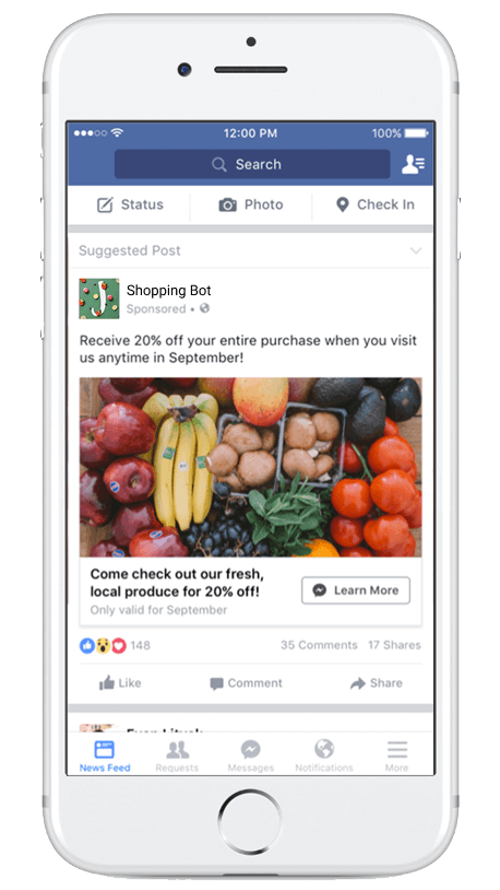 A sponsored Shopping Bot post in the Facebook news feed offering 20% off, with a produce photo and a “Learn More” button