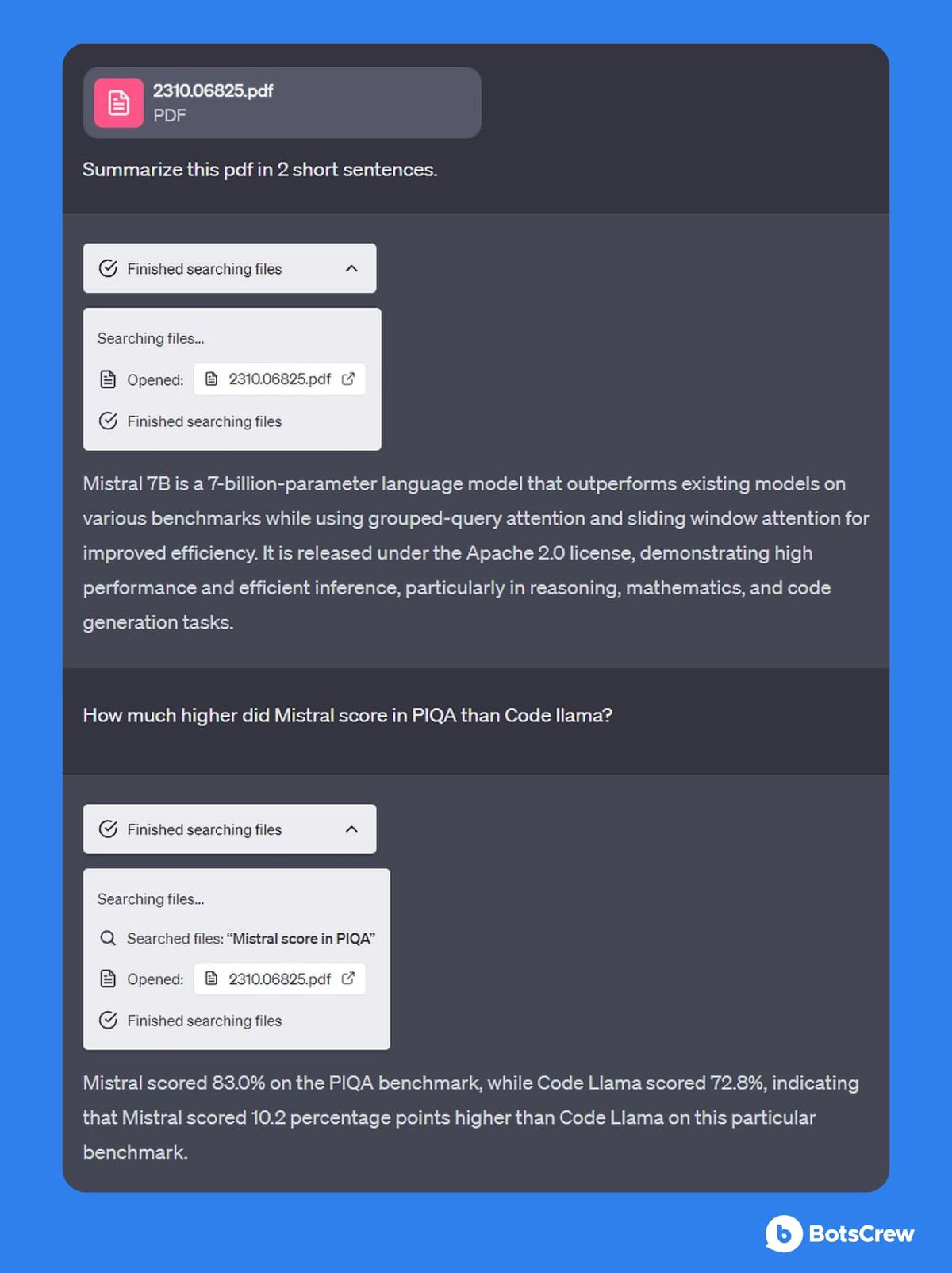 ChatGPT summarizing an uploaded PDF of the Mistral 7B paper in two sentences, then answering a follow-up question comparing Mistral's PIQA score with Code Llama's