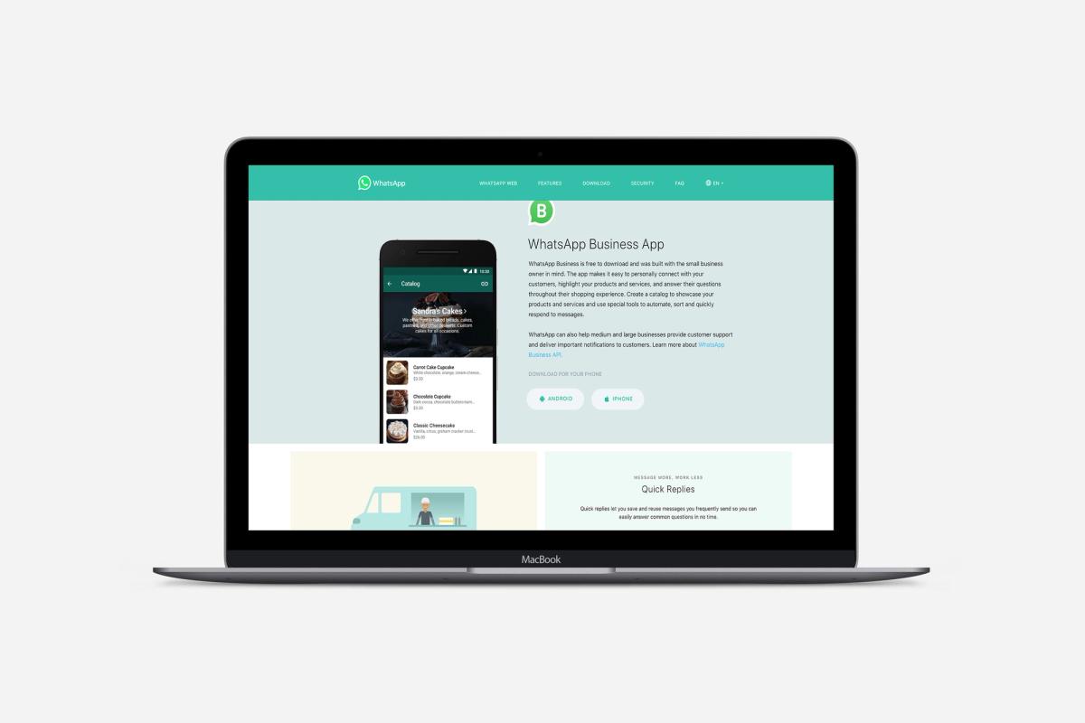 The WhatsApp Business App marketing page open on a laptop: a phone mockup showing a bakery catalog of cupcakes and cheesecakes beside the app description and Android and iPhone download buttons, with a Quick Replies panel below