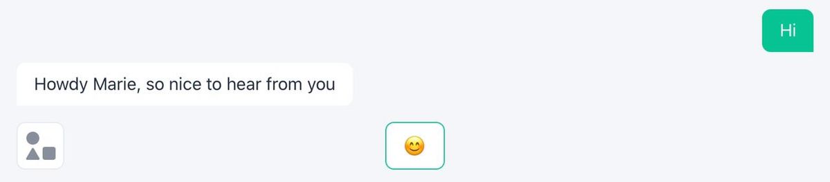 Woebot greeting a returning user by name - "Howdy Marie, so nice to hear from you" - with an emoji quick reply