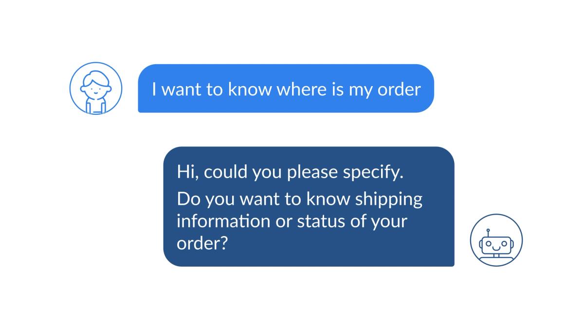 The visitor asks “I want to know where is my order” and the bot replies in a dark blue bubble: “Hi, could you please specify. Do you want to know shipping information or status of your order?”