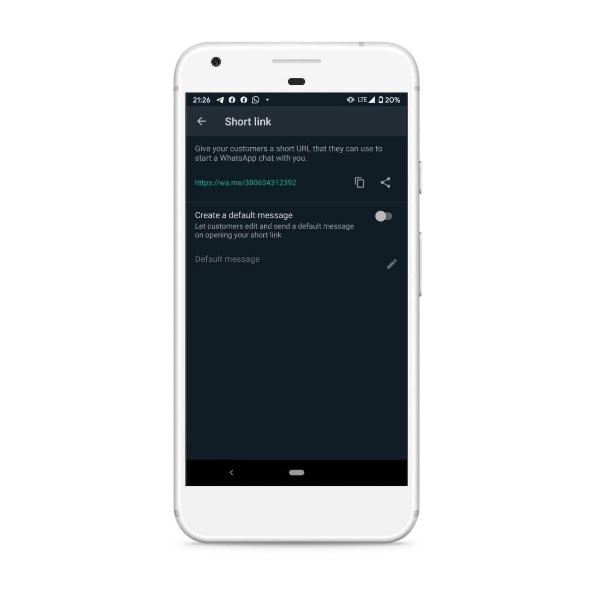 The WhatsApp Business "Short link" settings screen showing the generated https://wa.me/380634312392 link with copy and share icons, above a "Create a default message" toggle