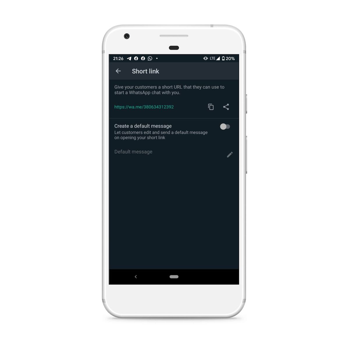 The WhatsApp Business "Short link" settings screen showing the generated https://wa.me/380634312392 link with copy and share icons, above a "Create a default message" toggle