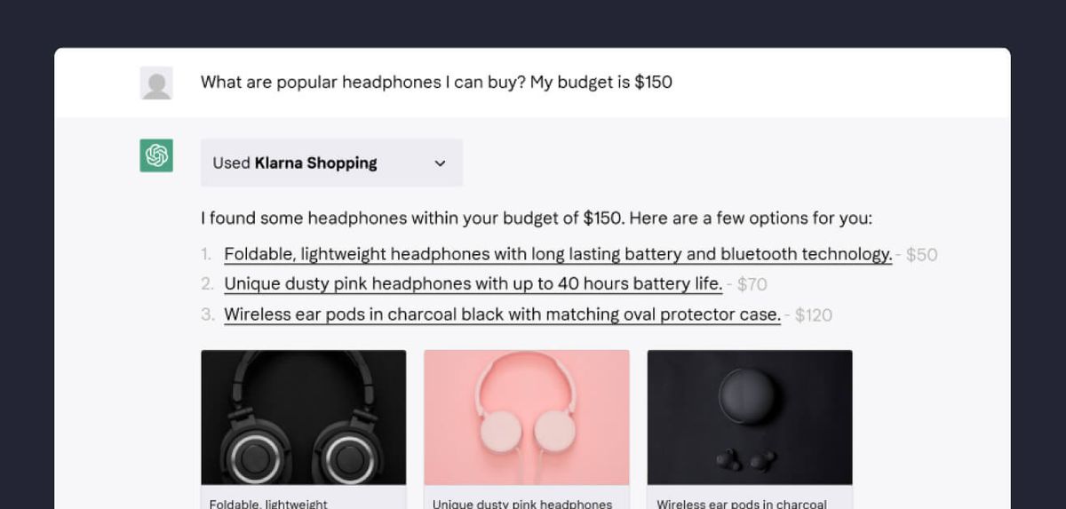 A ChatGPT conversation asking for popular headphones under a $150 budget, answered using the Klarna Shopping plugin with three linked options, their prices and product photos.