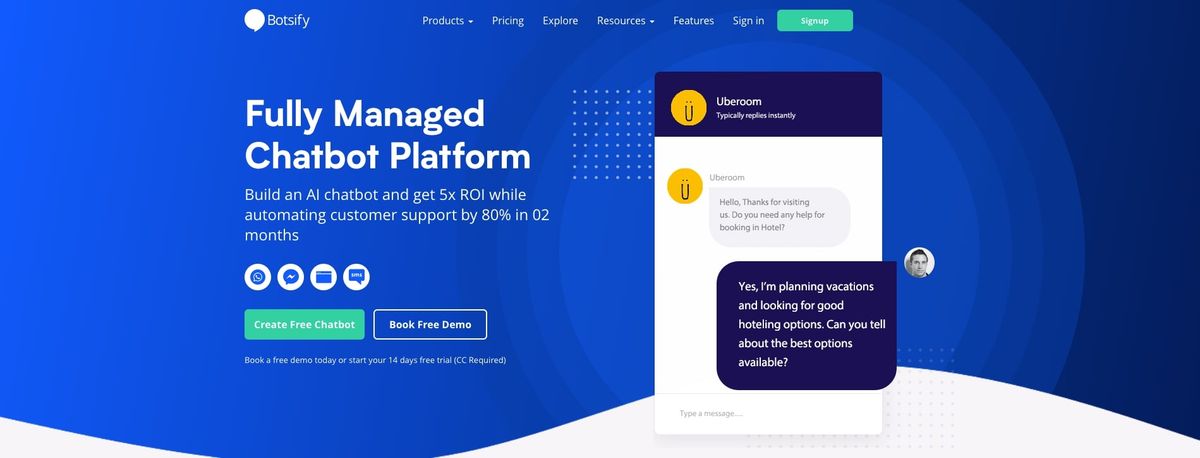 The Botsify homepage: “Fully Managed Chatbot Platform” on a blue background beside a hotel-booking chat mockup.