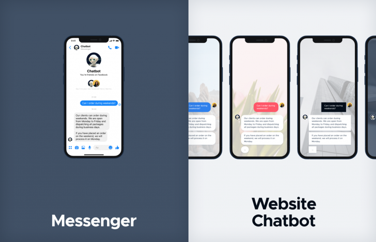 Side-by-side comparison labelled Messenger and Website Chatbot. On the left, one phone shows the same delivery-hours conversation inside the Facebook Messenger app; on the right, four phones show it inside a website chat widget restyled to four different brand palettes