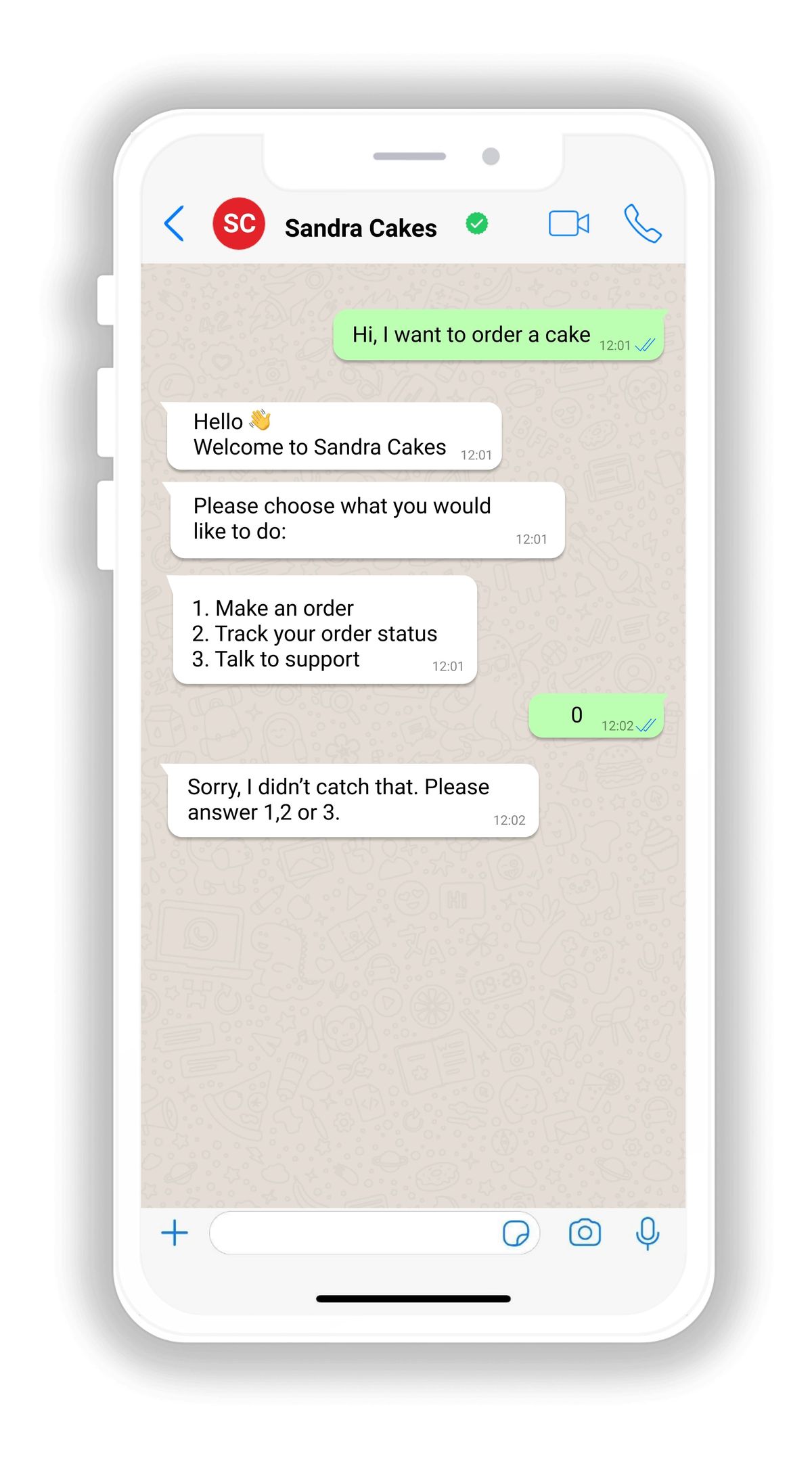 A WhatsApp chat where the bot offers a typed menu - 1. Make an order, 2. Track your order status, 3. Talk to support - the customer replies "0", and the bot answers "Sorry, I didn't catch that. Please answer 1,2 or 3."