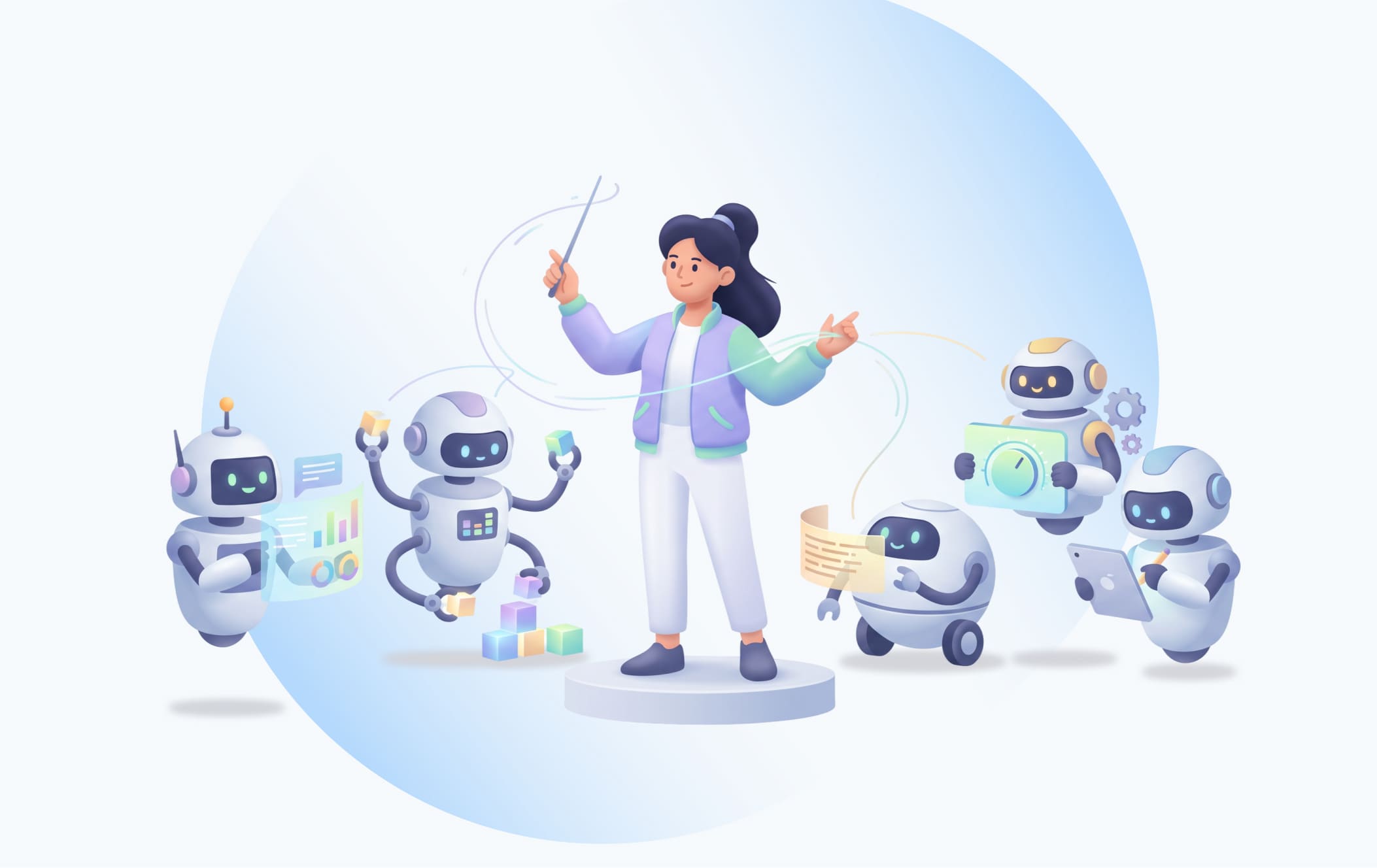 Illustration of a person directing a team of AI agent robots, representing AI agent orchestration