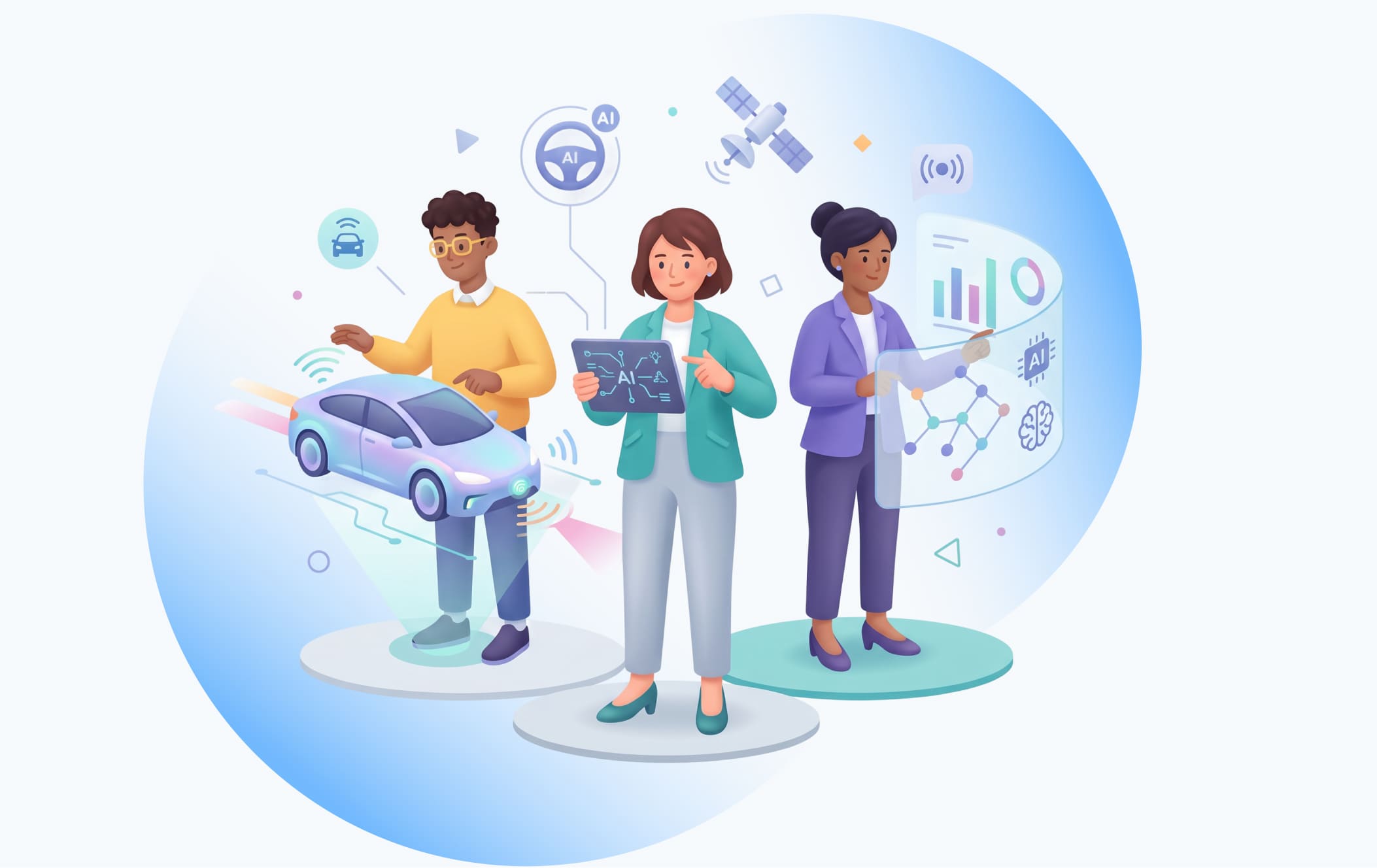 Illustration of three specialists working with automotive AI - a connected car, an AI tablet, and an analytics dashboard