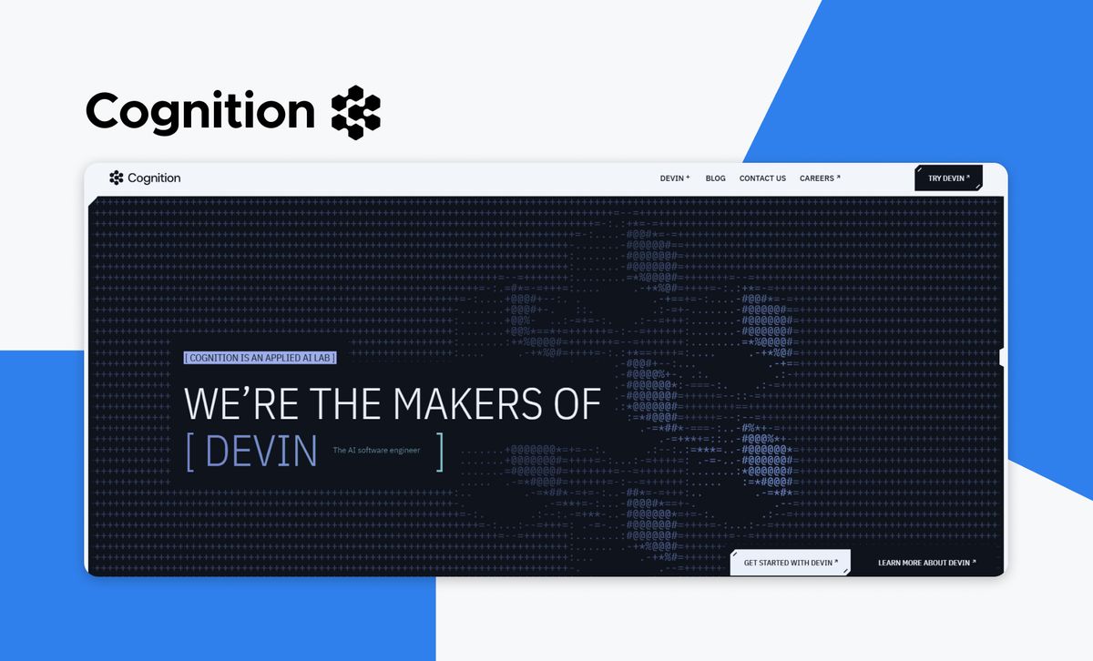 The Cognition logo above a screenshot of the Cognition homepage, labelled 'Cognition is an applied AI lab' and headlined 'We're the makers of [Devin], the AI software engineer'