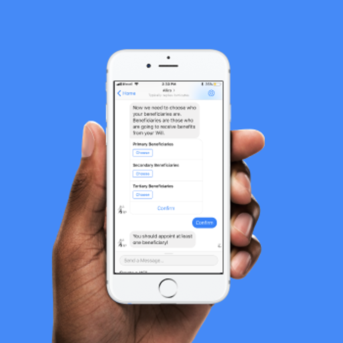 A hand holding a phone showing the Ailira legal chatbot in Messenger, guiding the user through choosing primary, secondary and tertiary beneficiaries for a will