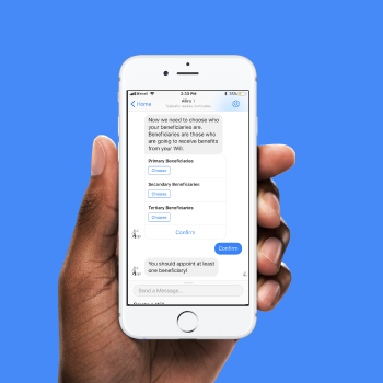 A hand holding a phone showing the Ailira legal chatbot in Messenger, guiding the user through choosing primary, secondary and tertiary beneficiaries for a will