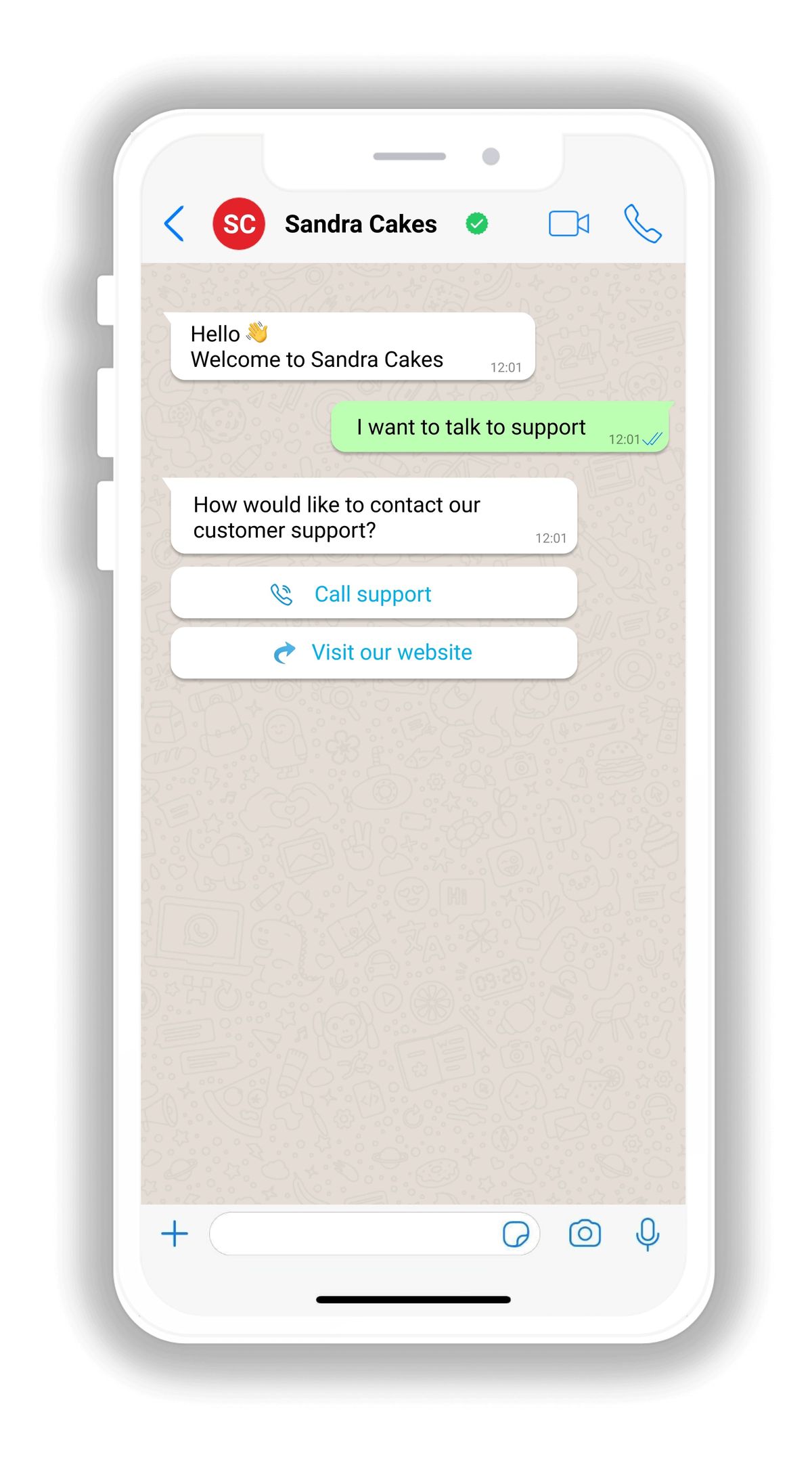 A WhatsApp chat where the customer says "I want to talk to support" and the bot answers with two CTA buttons, Call support and Visit our website