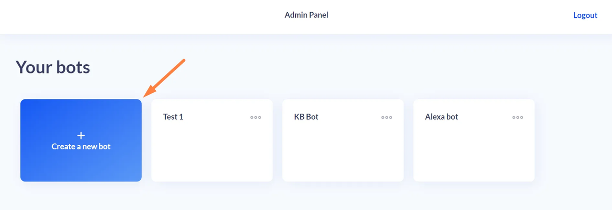 BotsCrew admin panel "Your bots" screen with an arrow pointing at the Create a new bot tile beside existing bots