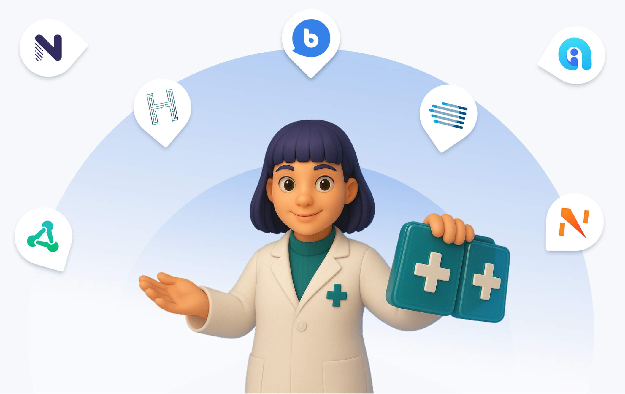A 3D-illustrated doctor in a white coat holding a medical case, with the logos of seven healthcare AI development companies in map pins arcing overhead