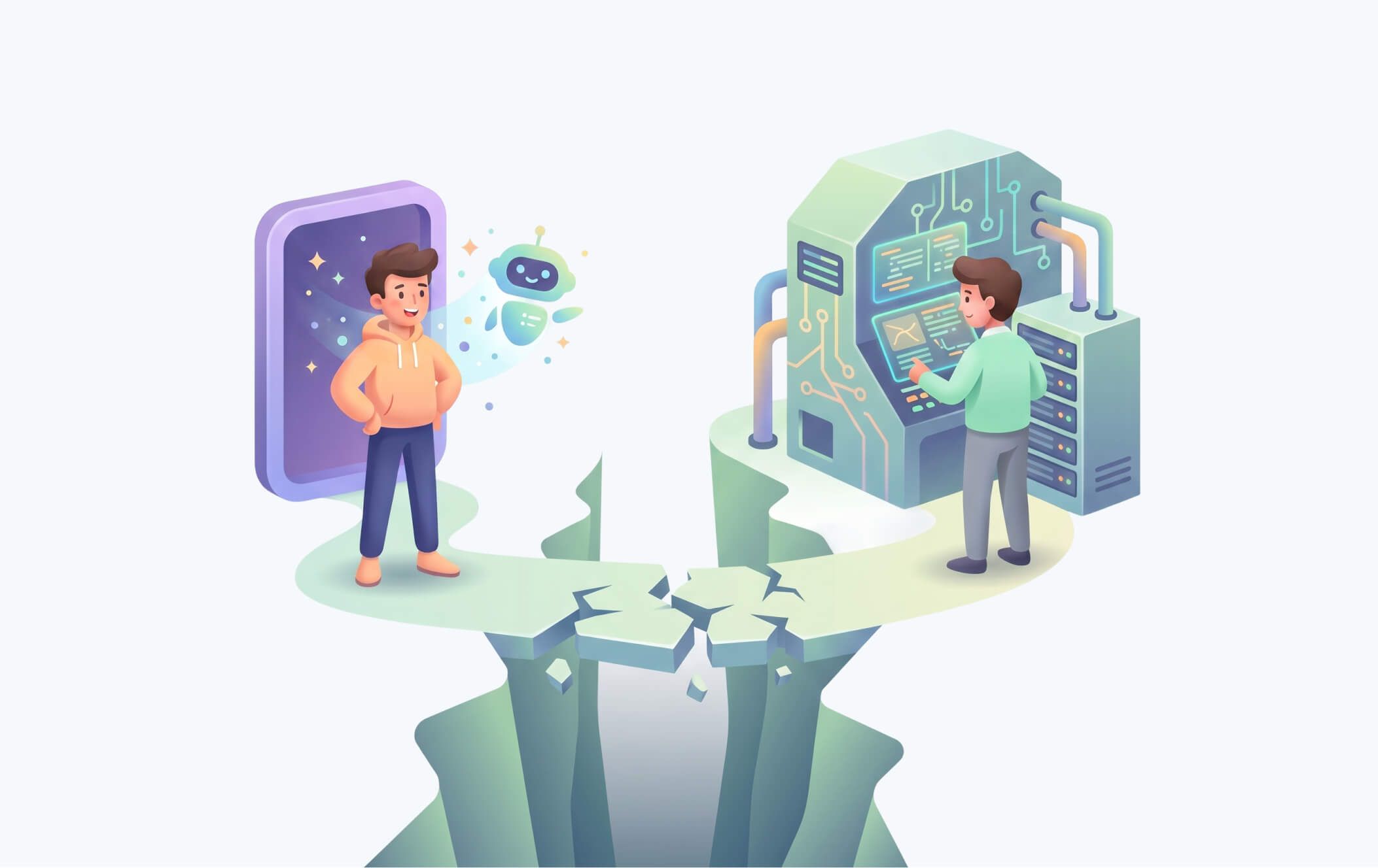 Two figures either side of a broken walkway over a chasm: on the left a person stands in front of a phone-shaped panel with a friendly chatbot floating out of it, on the right a person works at a machine of servers, pipes and circuit-traced screens. The path between the prototype and the production system has collapsed.