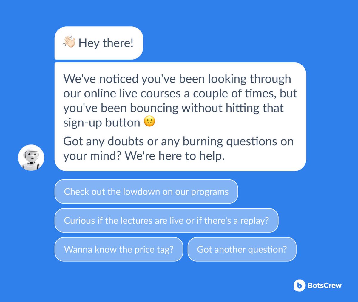 Chat mockup on a blue background: a bot greets a visitor who has browsed online live courses without signing up, asks whether they have any doubts, and offers quick replies — "Check out the lowdown on our programs", "Curious if the lectures are live or if there's a replay?", "Wanna know the price tag?" and "Got another question?".