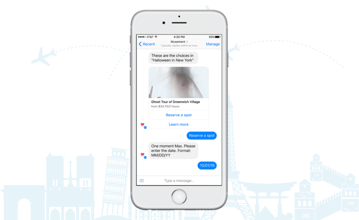 A chatbot conversation in a familiar messenger interface, the bot replying in the same chat window the user already uses
