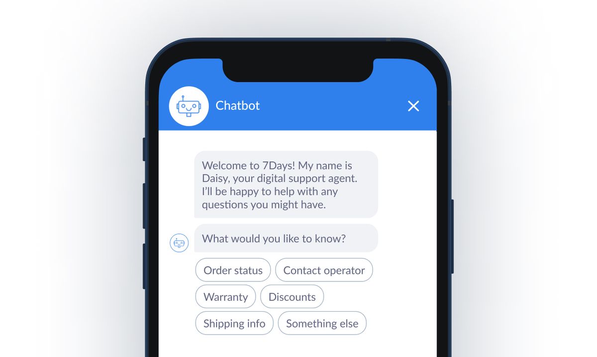 Phone mockup of a website chat widget: a bot called Daisy greets a visitor for the 7Days store and offers quick-reply buttons for order status, contact operator, warranty, discounts, shipping info and something else