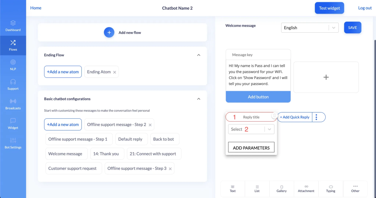 Expanded quick reply button with the reply title field marked 1 and the redirect atom dropdown marked 2