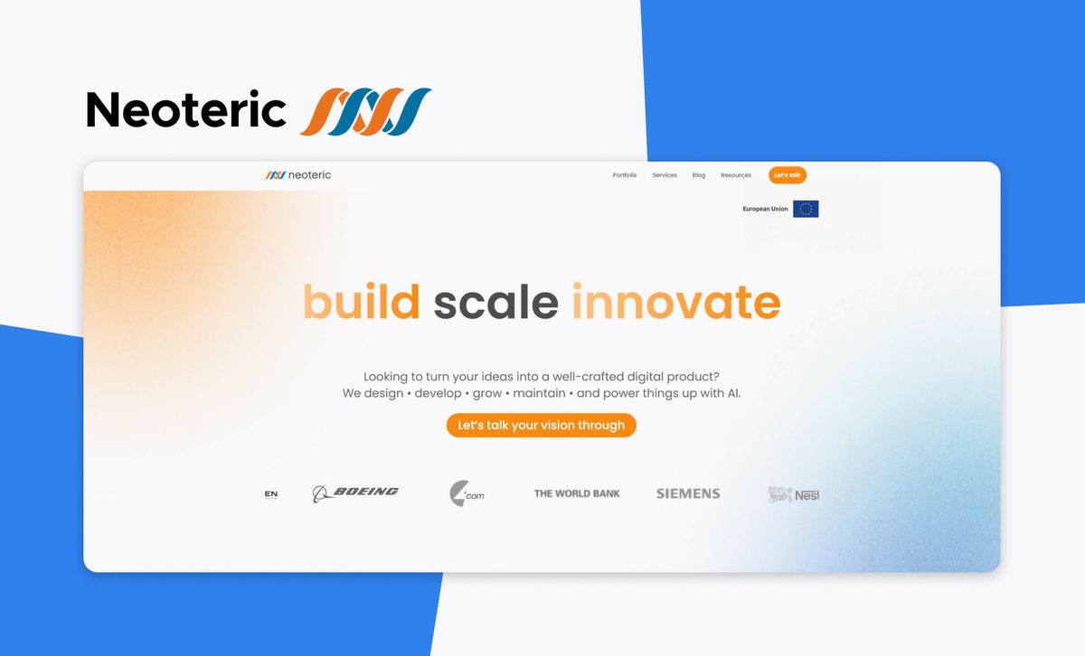 The Neoteric logo above a screenshot of the Neoteric homepage