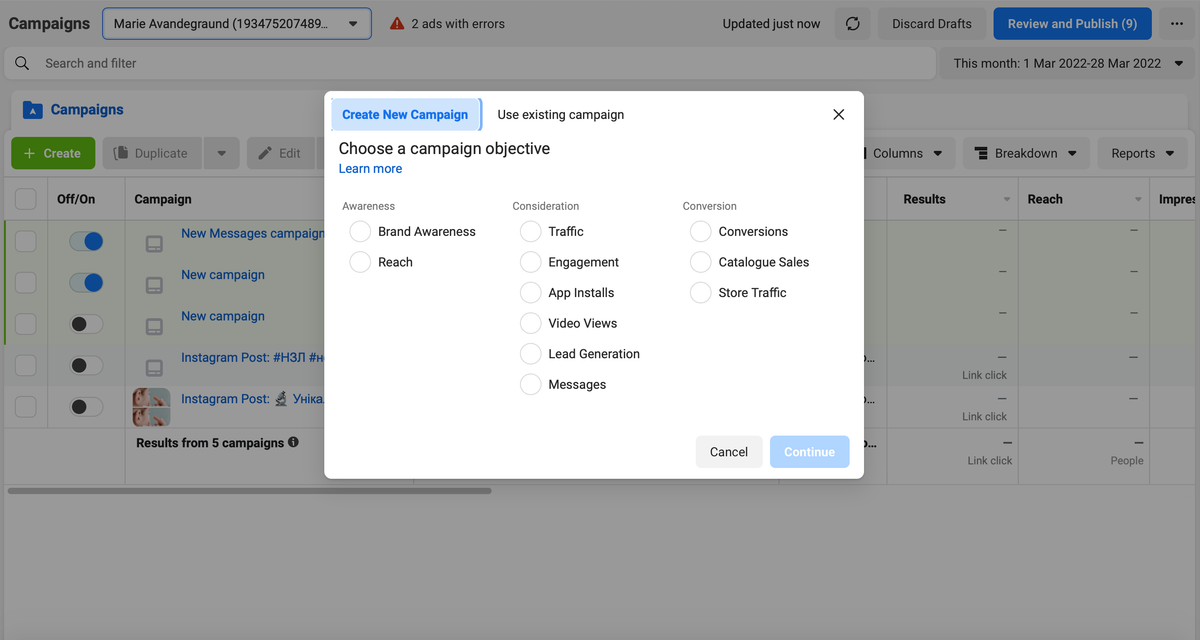 The Ads Manager “Choose a campaign objective” dialog, with Awareness, Consideration and Conversion columns and the Messages objective among them