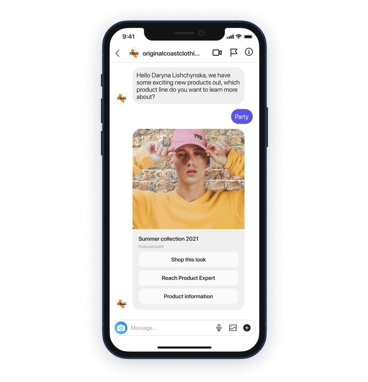 An Instagram generic template message: a product card with an image, a title, descriptive text and action buttons beneath it