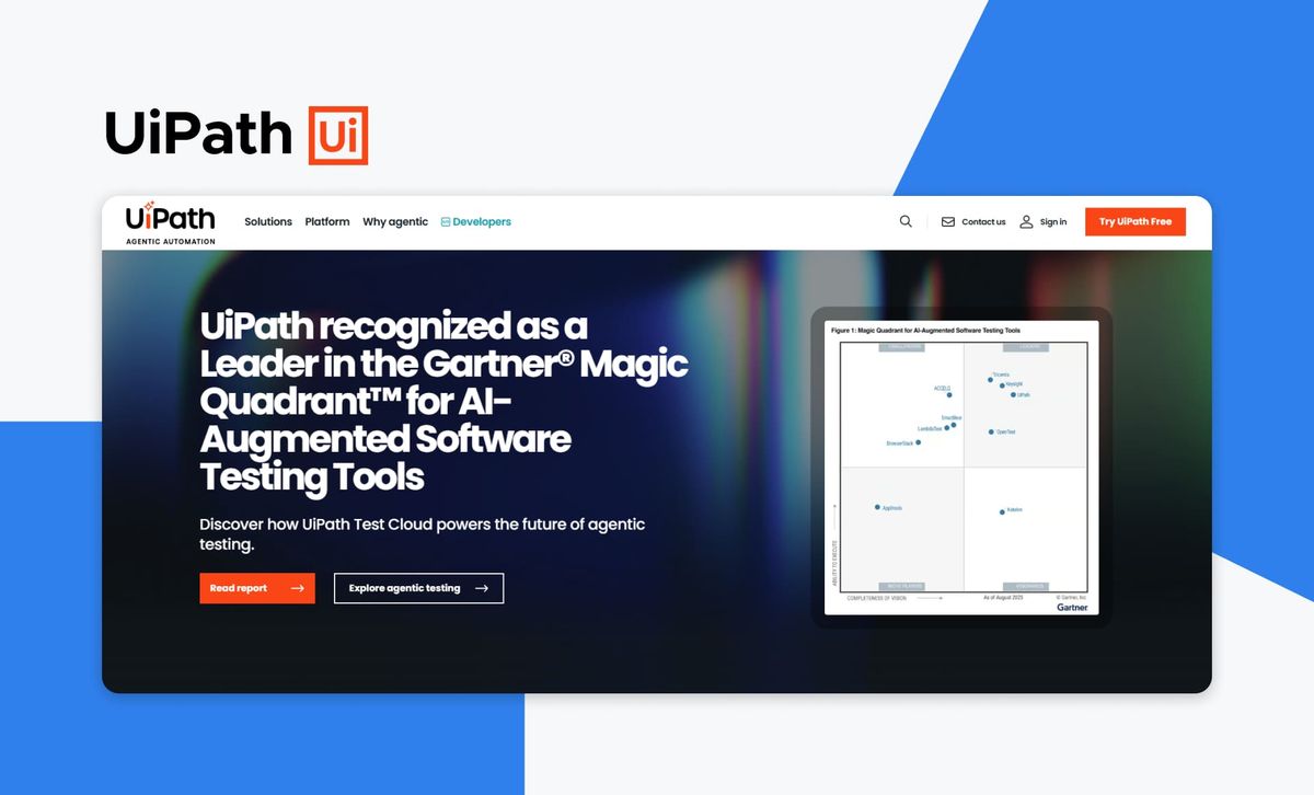 The UiPath logo above a screenshot of the UiPath homepage announcing UiPath as a Leader in the Gartner Magic Quadrant for AI-Augmented Software Testing Tools, beside the quadrant chart itself