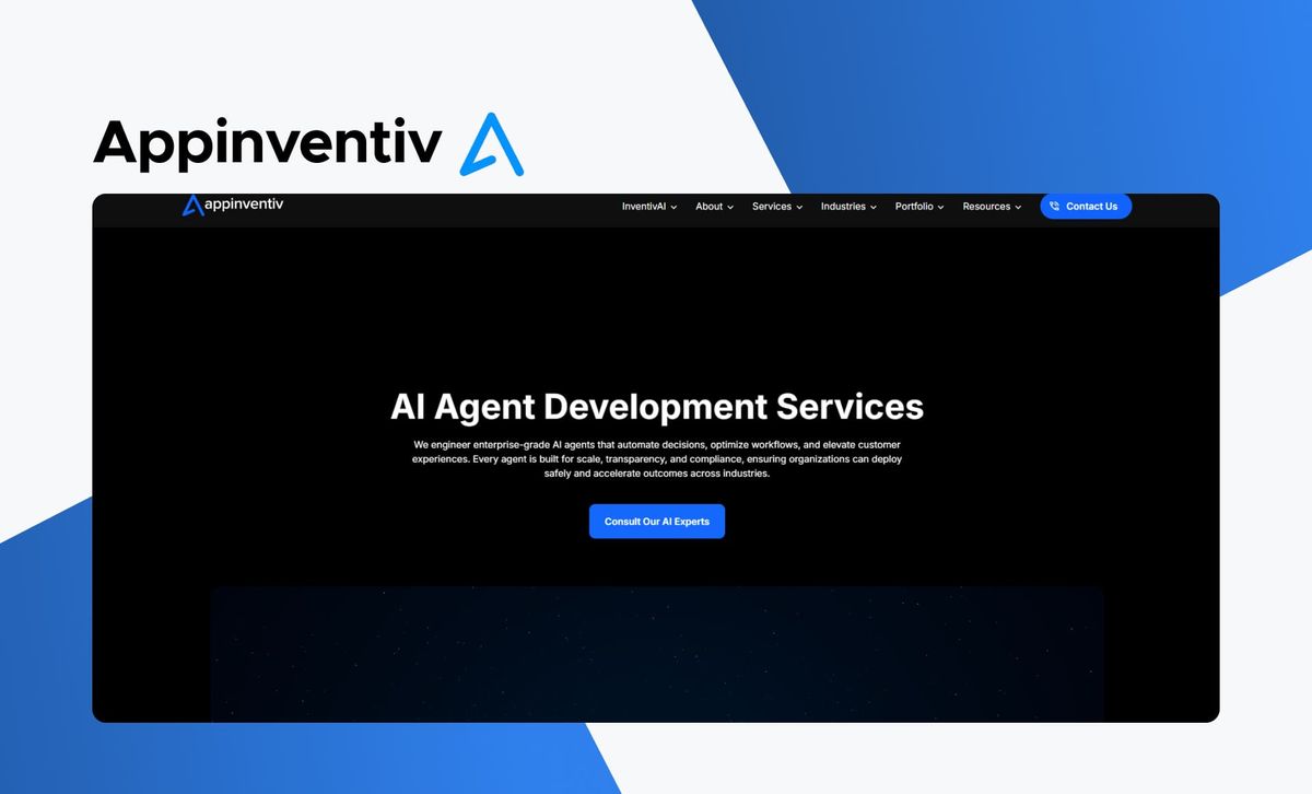 The Appinventiv wordmark above a screenshot of the Appinventiv AI Agent Development Services page on a black background, with a 'Consult Our AI Experts' button