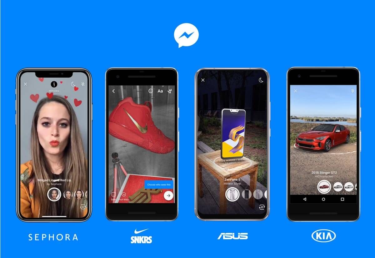 A Facebook Messenger promotional graphic on a bright blue ground: four phones showing augmented-reality try-on experiences — Sephora's Winged Liner & Red Lip makeup filter, a red Nike SNKRS trainer placed on a floor, an ASUS ZenFone 5 standing on a garden table, and a red 2018 Kia Stinger GT2 in HiChroma Red parked by a lake — with the Sephora, Nike SNKRS, ASUS and KIA logos beneath