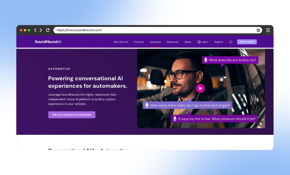 SoundHound AI's Automotive page in a browser window, headlined "Powering conversational AI experiences for automakers." beside a driver asking the in-car assistant spoken questions