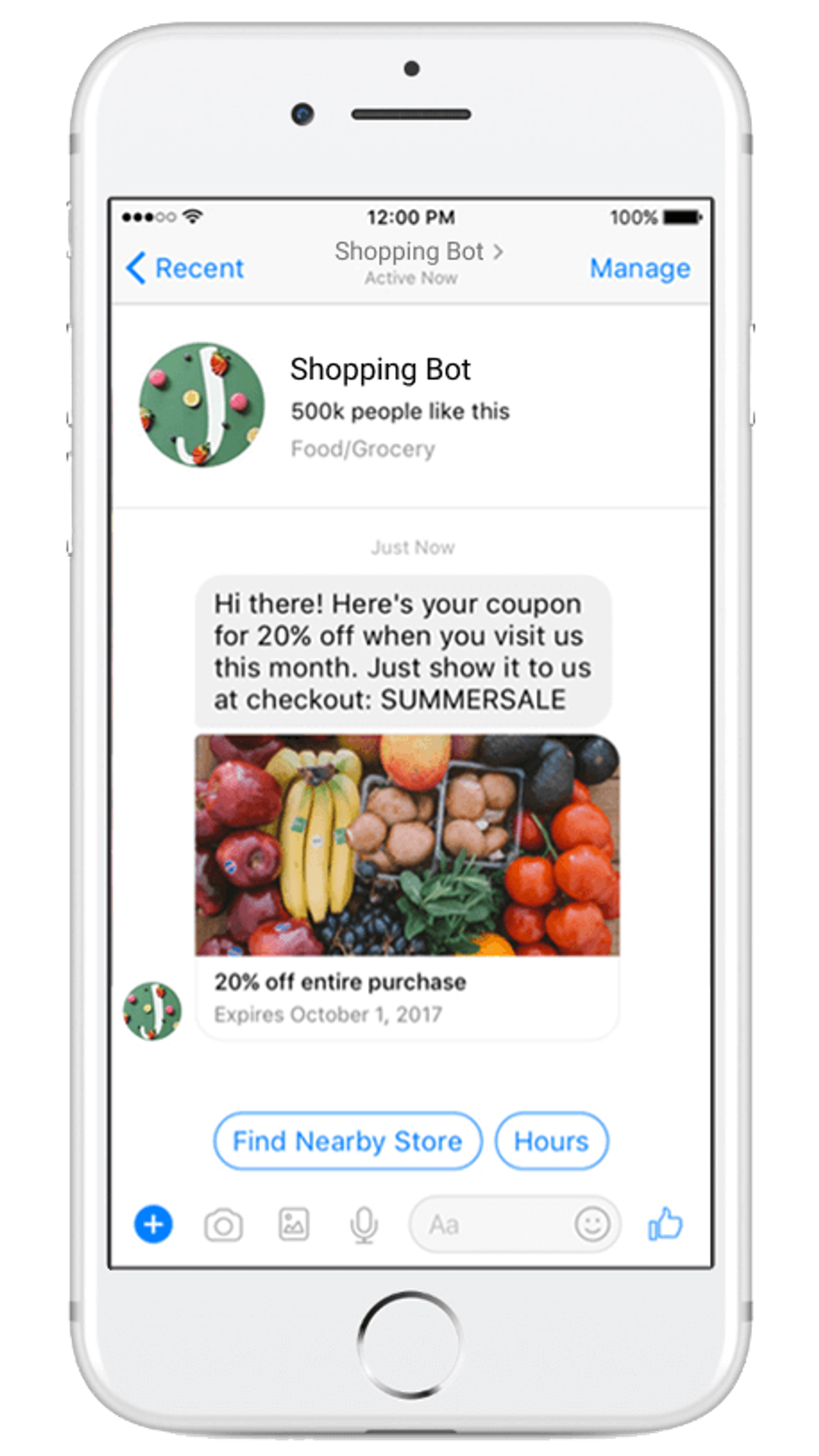The same Shopping Bot offer opened in Messenger: the bot sends the SUMMERSALE coupon card with “Find Nearby Store” and “Hours” quick replies