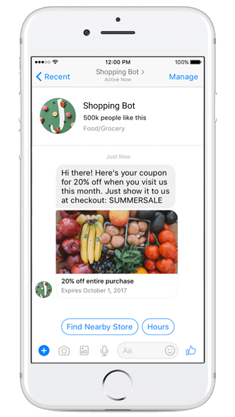 The same Shopping Bot offer opened in Messenger: the bot sends the SUMMERSALE coupon card with “Find Nearby Store” and “Hours” quick replies