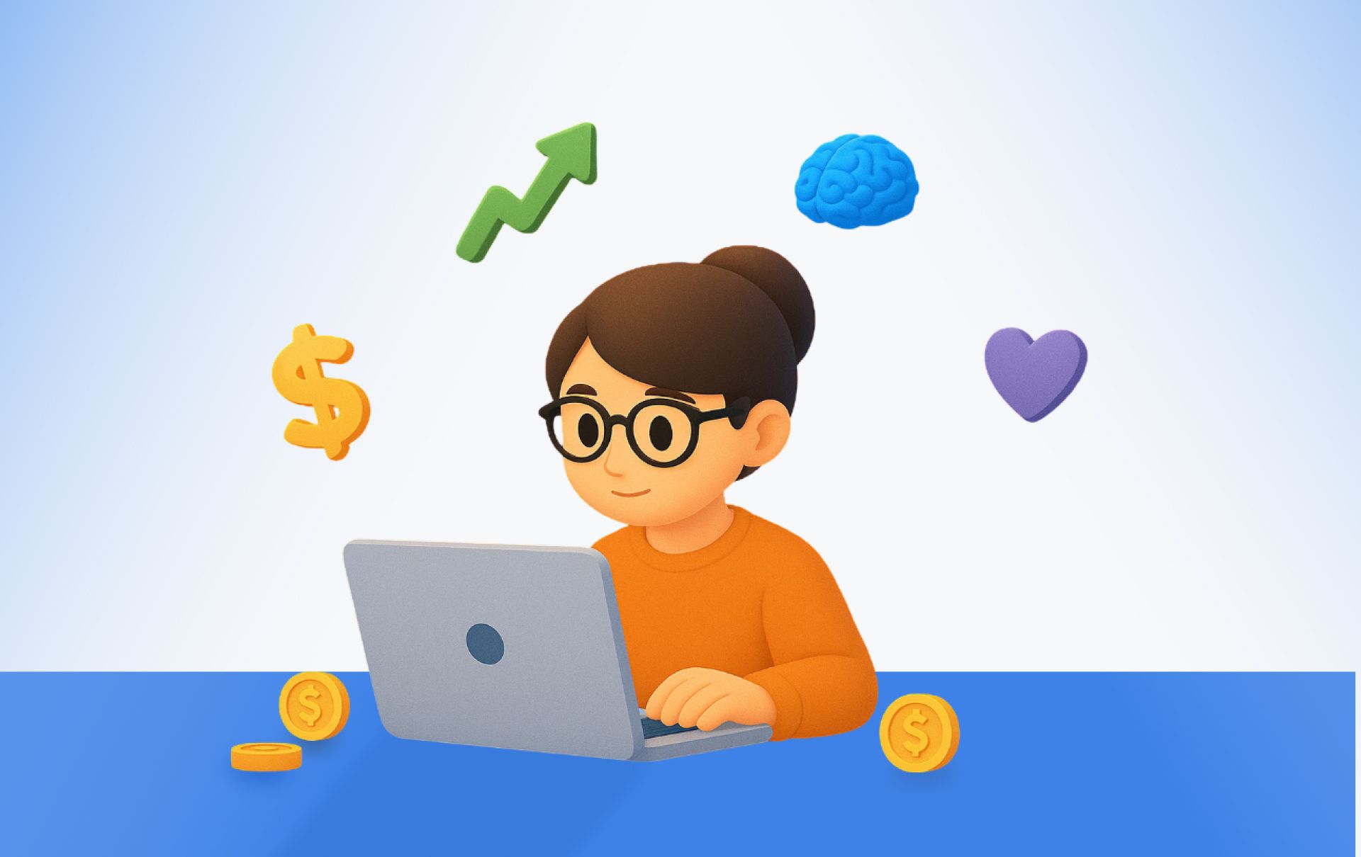 An analyst at a laptop surrounded by a dollar sign, a rising green arrow, a brain and coins — measuring the ROI of generative AI