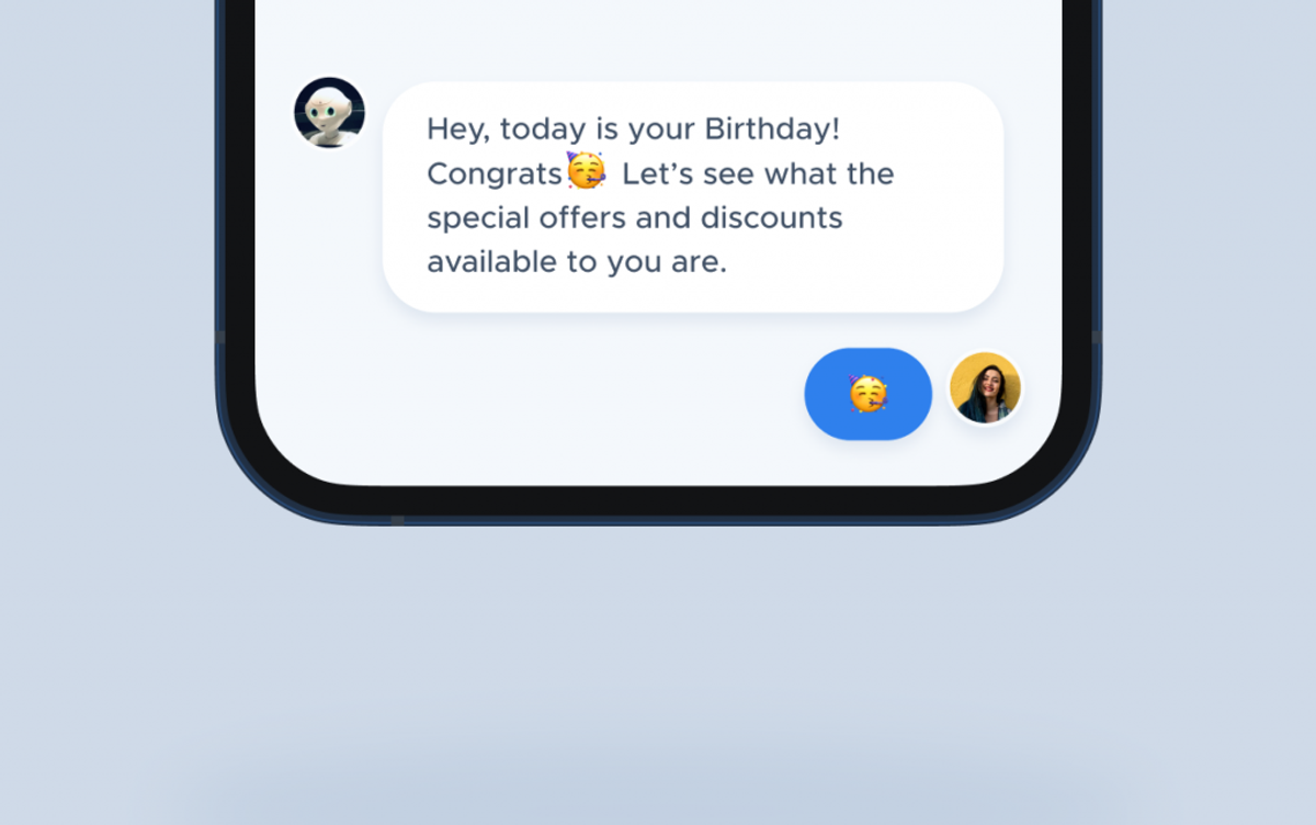 Phone mockup of an engagement chat: the bot wishes the user a happy birthday and offers to show the special offers and discounts available to them, and the user replies with a celebrating-face emoji