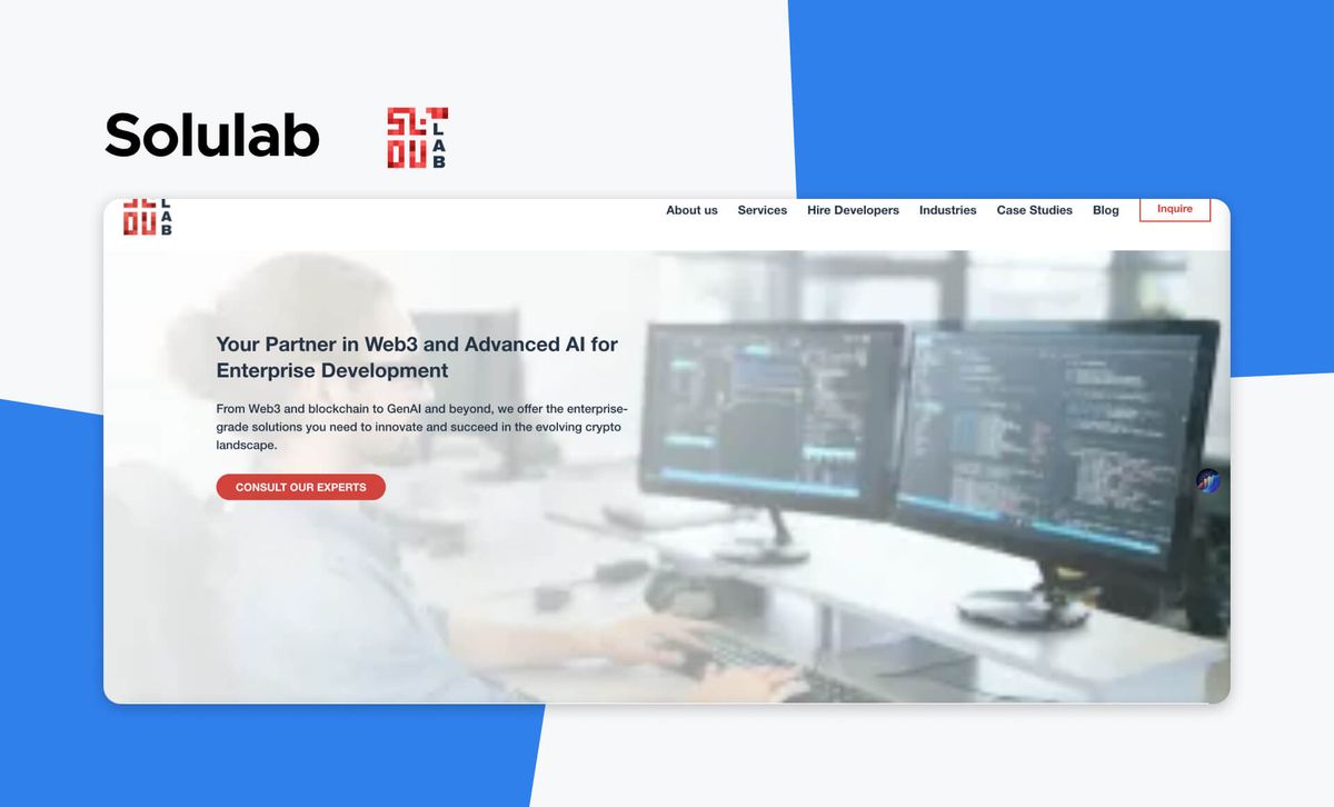 The SoluLab logo above a screenshot of the SoluLab homepage