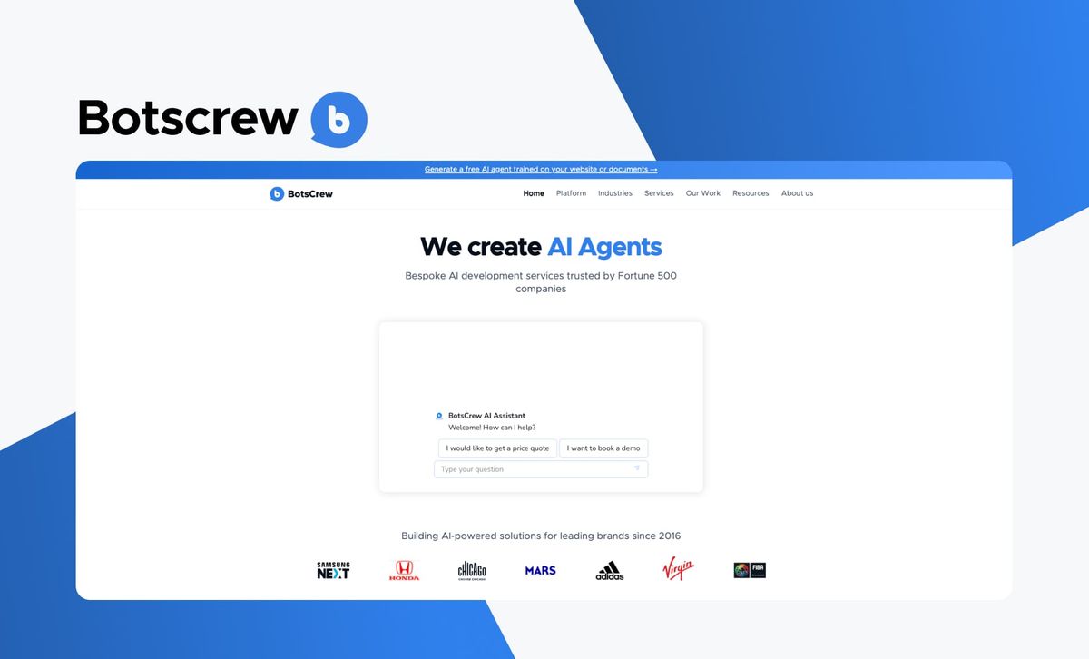 The BotsCrew wordmark above a screenshot of the BotsCrew home page, headlined 'We create AI Agents' over a chat-assistant mockup, with the Samsung NEXT, Honda, Adidas, Mars, Virgin and Red Cross logos beneath it