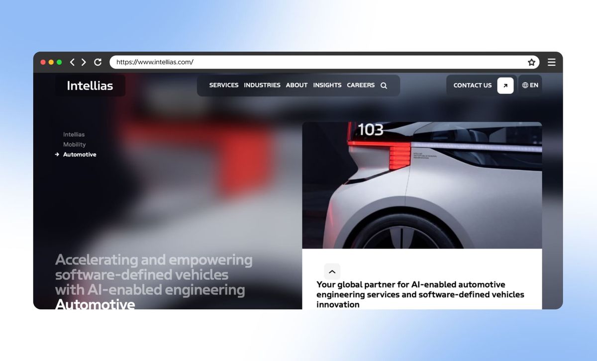 Intellias' Automotive page in a browser window, headlined "Accelerating and empowering software-defined vehicles with AI-enabled engineering" beside a close-up of an electric car