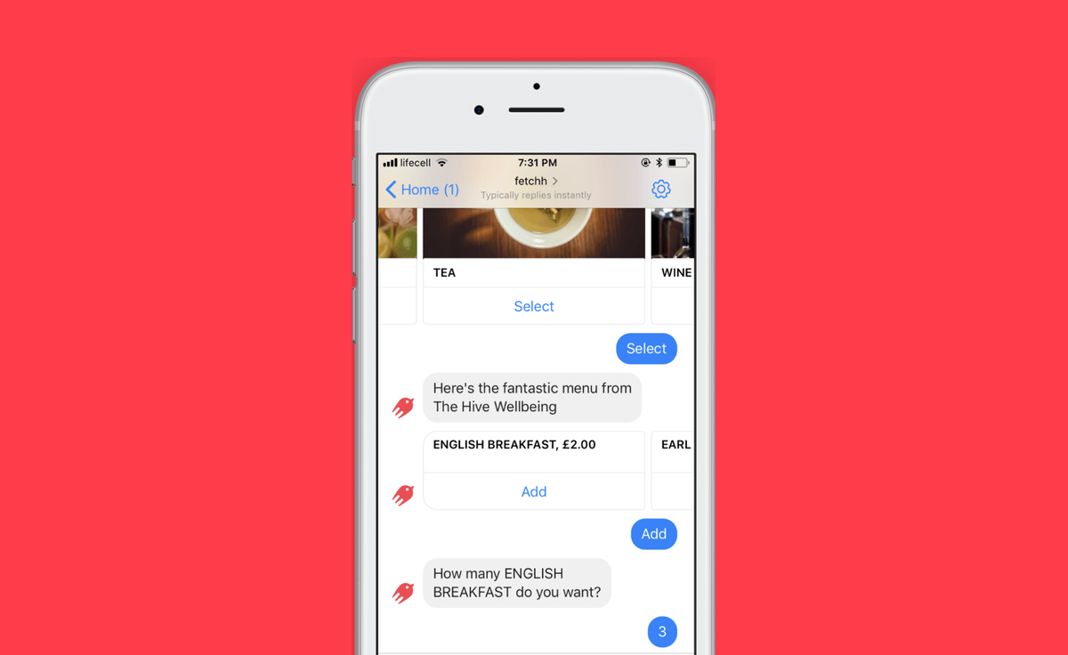 A Facebook Messenger chatbot showing a cafe drinks menu with Select and Add buttons for ordering
