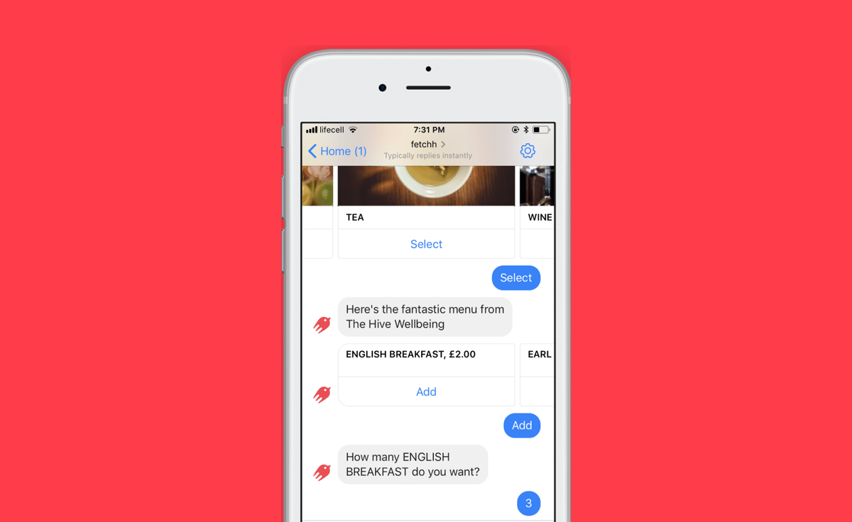 A Facebook Messenger chatbot showing a cafe drinks menu with Select and Add buttons for ordering