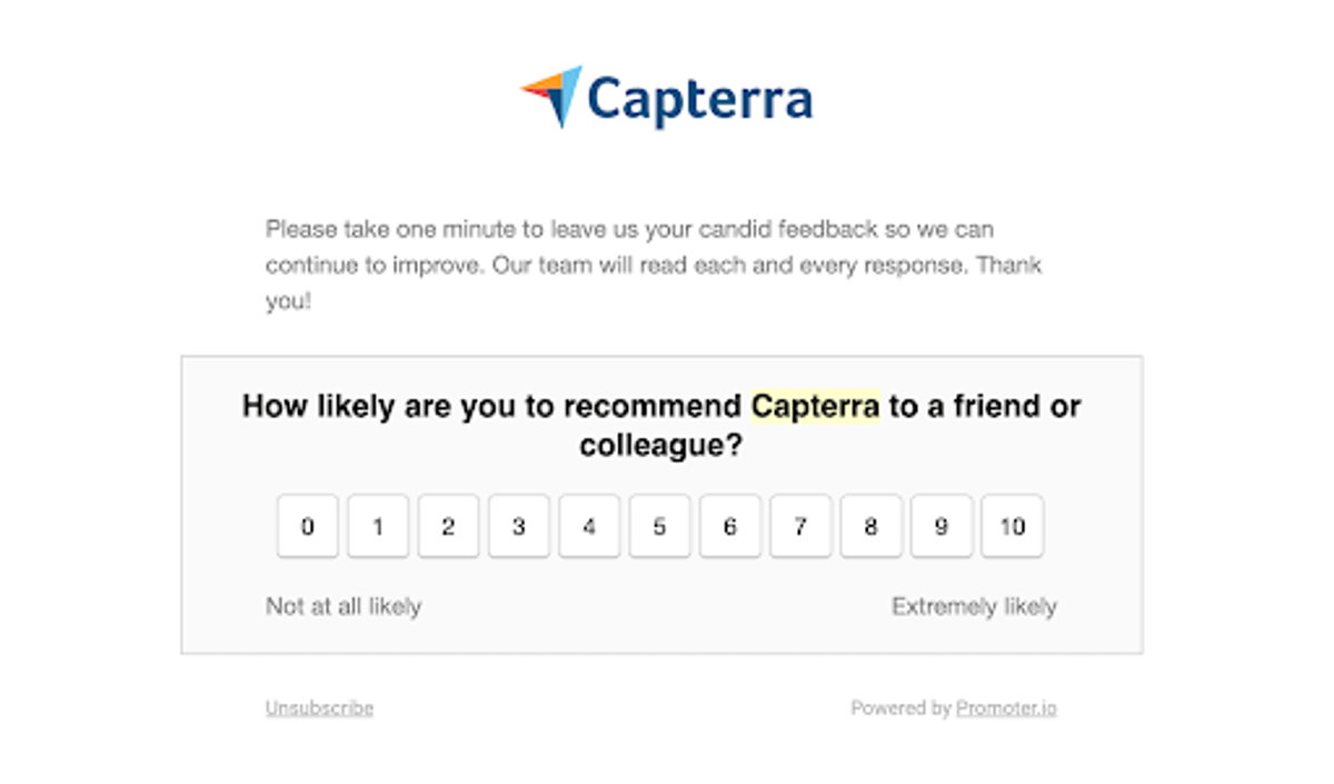 Capterra follow-up email asking “How likely are you to recommend Capterra to a friend or colleague?” over a 0-to-10 rating row labelled “Not at all likely” and “Extremely likely”