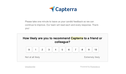 Capterra follow-up email asking “How likely are you to recommend Capterra to a friend or colleague?” over a 0-to-10 rating row labelled “Not at all likely” and “Extremely likely”