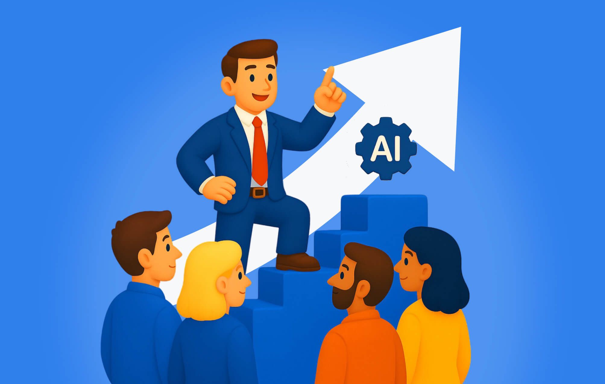 An executive in a suit climbing blue steps along a white upward arrow marked with an AI gear, pointing the way while four colleagues look up at him