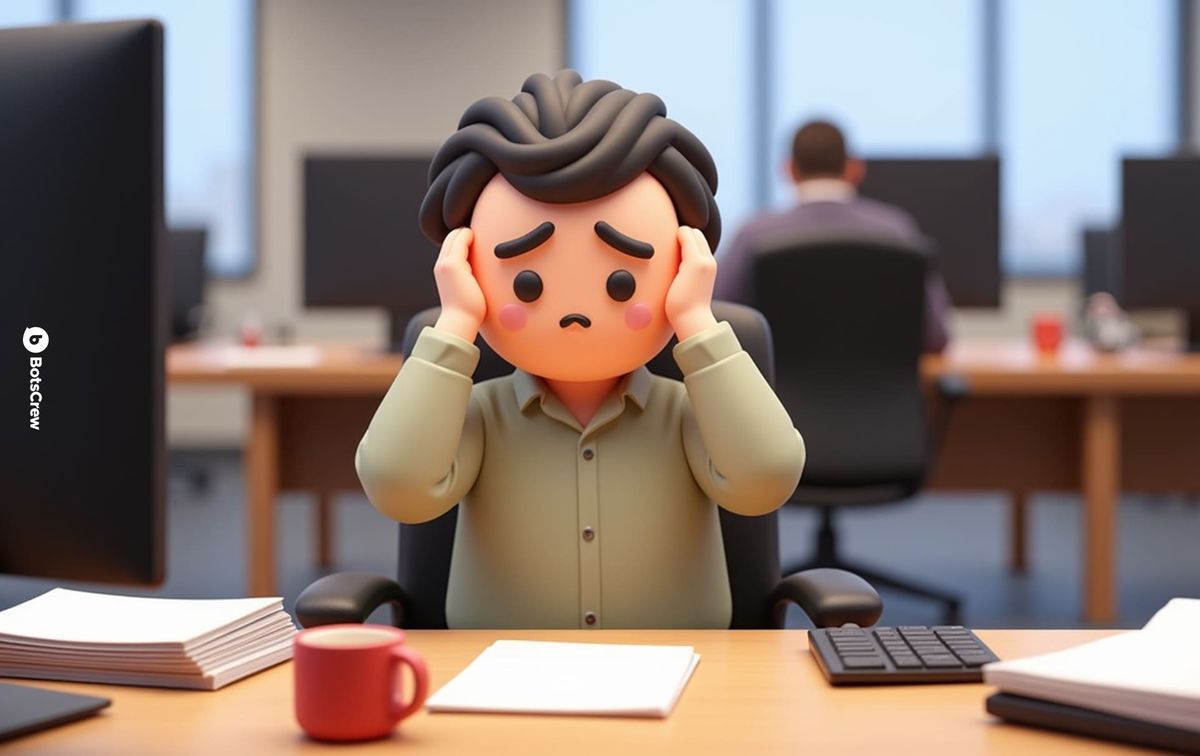 A 3D-illustrated office worker sitting at a desk with both hands to his head, flanked by a tall stack of paper, a coffee mug and a keyboard.