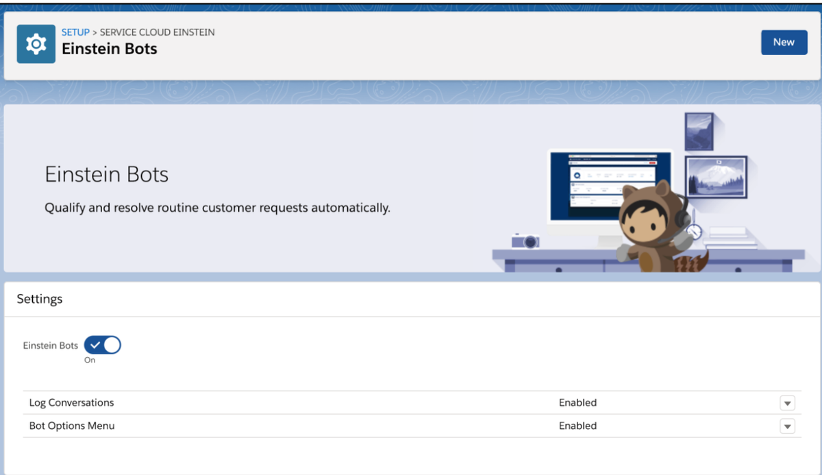 The Einstein Bots setup screen in Salesforce Service Cloud, with the Einstein Bots toggle switched On and the Log Conversations and Bot Options Menu settings both showing Enabled
