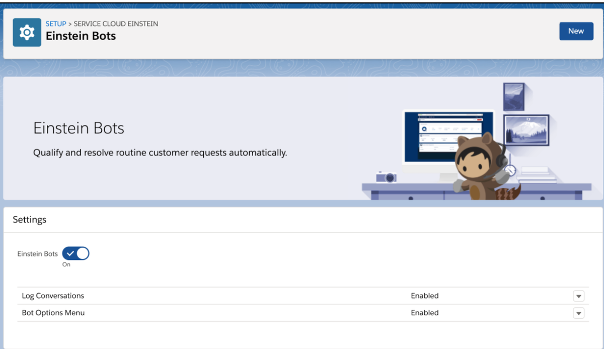 The Einstein Bots setup screen in Salesforce Service Cloud, with the Einstein Bots toggle switched On and the Log Conversations and Bot Options Menu settings both showing Enabled