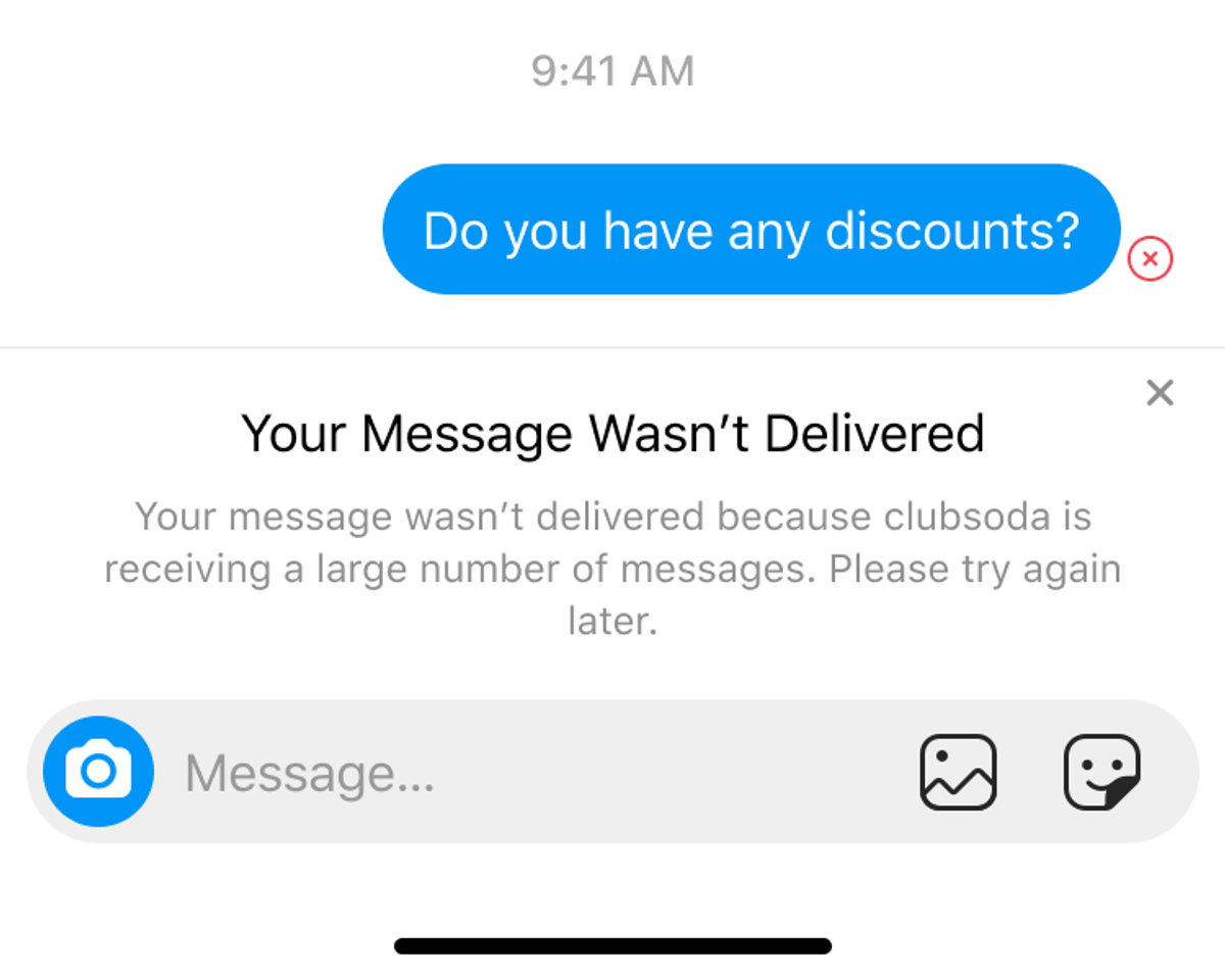 An Instagram conversation showing the heavy-load banner “Your message wasn’t delivered”