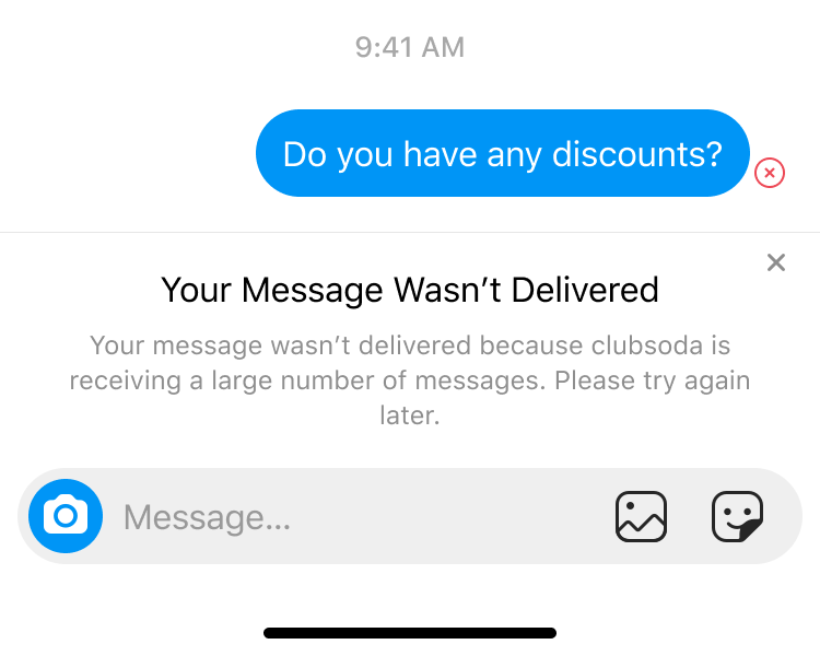 An Instagram conversation showing the heavy-load banner “Your message wasn’t delivered”