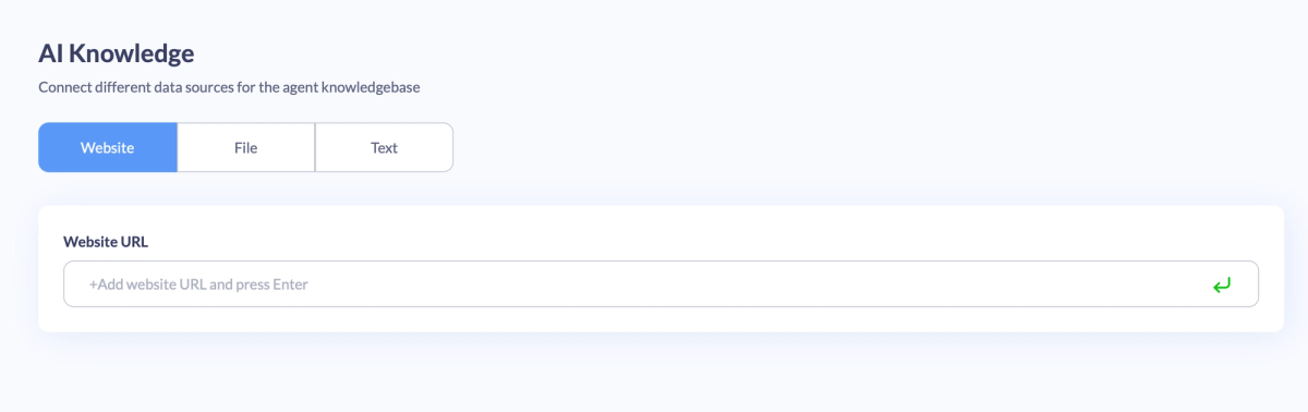 BotsCrew Enterprise Platform "AI Knowledge" panel offering Website, File and Text data sources, with a Website URL field selected