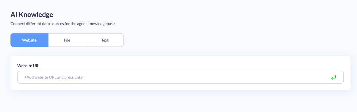 BotsCrew Enterprise Platform "AI Knowledge" panel offering Website, File and Text data sources, with a Website URL field selected